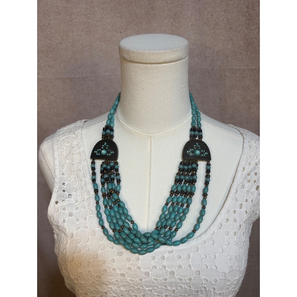 Boho Turquoise Beaded Multi Strand Statement Necklace Bronze Tone Southwestern